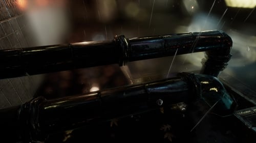 Heavy Rain on Dark Industrial Pipes at Night
