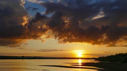 Beautiful Landscape with Sunset Over River,