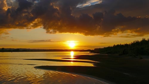 Beautiful Landscape with Sunset over River