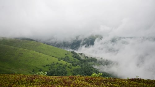 Niedrige Wolken über dem grünen Berg, ukrainische Karpaten
