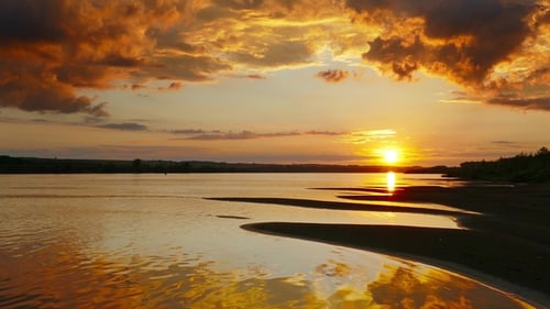 Beautiful Landscape with Sunset over River