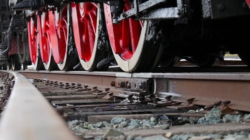 Old Locomotive Wheels . Detail of Steam Locomotive, Side Profile View, Wheels, Rods.