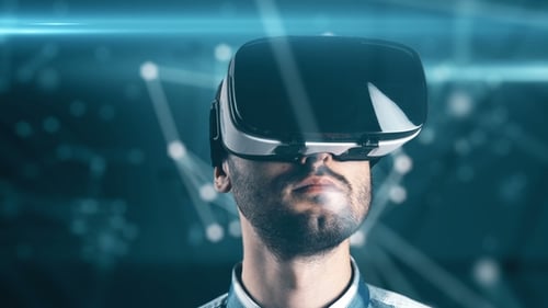 Futuristic Virtual Reality Headset Experience with Digital Network Background