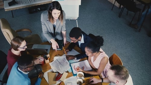 Top View Mixed Race Colleagues Working By the Table in Trendy Modern Office. Female Boss Leading