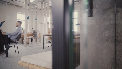 Dolly Shot of Casual Multiethnic Office Workers Enjoying Healthy Office Atmosphere. Teamwork, View