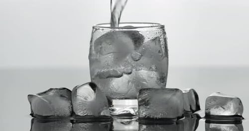 Water Pouring into Glass Filled with Ice Cubes