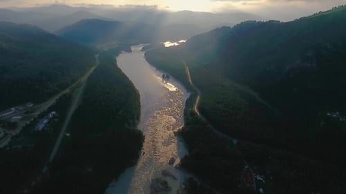 Aerial View of the Katun River and Hills During Sunset After Rain