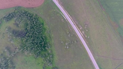 Vista aérea de los campos, el bosque y la carretera en el territorio de Krasnoyarsk