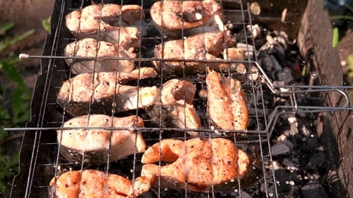 Zubereitung von rotem Fisch im Freien auf dem Grill im Rost, Biertropfen fallen auf Th