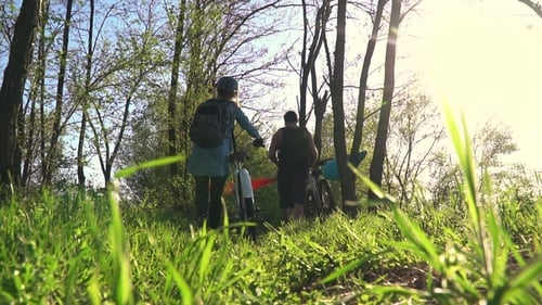 Bottom View As a Pair of Cyclists Walking through the Forest and Rolling Bicycles