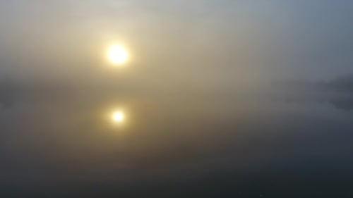 Flug über die Oberfläche des Flusses im Nebel im Morgengrauen