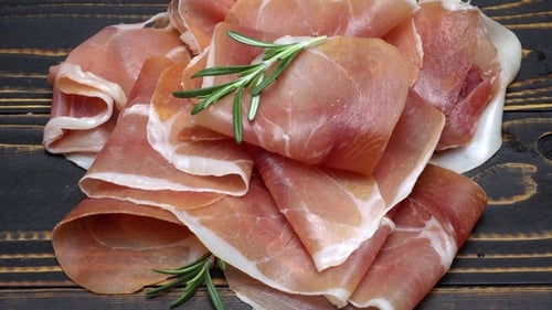 Sliced Prosciutto or Jamon Meat on Wooden Background