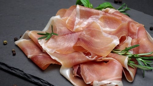 Sliced Prosciutto or Jamon Meat on Concrete Background
