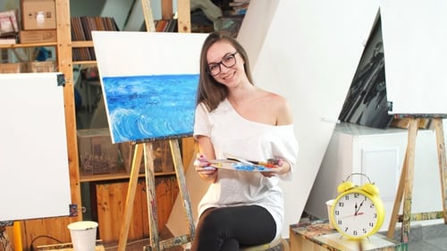 Woman Painter Drawing Oil Colour Picture of Sea Surf Holding Palette in His Hand.