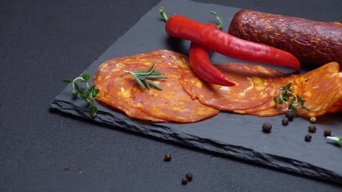 Salami and Chorizo Sausage on Dark Concrete Background