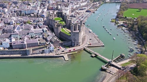 Skyline of Caernarfon, Gwynedd in Wales in United Kingdom