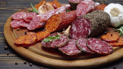 Sausage and Salami on a Wooden Board