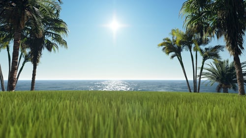 Animated Sunny Tropical Beach Horizon with Swaying Palm Trees