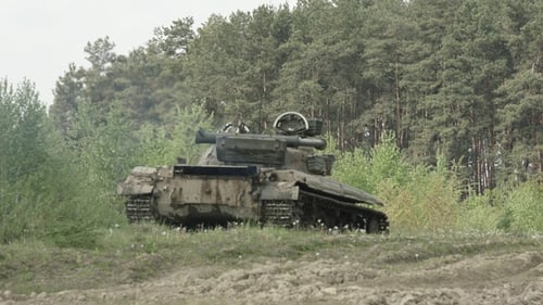 Military Tank in Field near Dense Forest