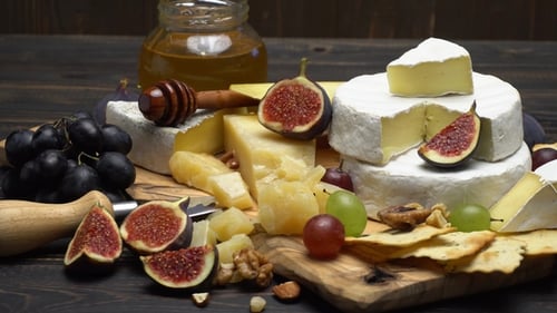 Cheese, Figs, Grapes, Crackers and Honey Still Life