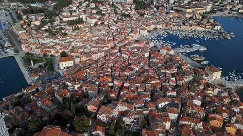 Flight over Rovinj Old Town and Church in Croatia