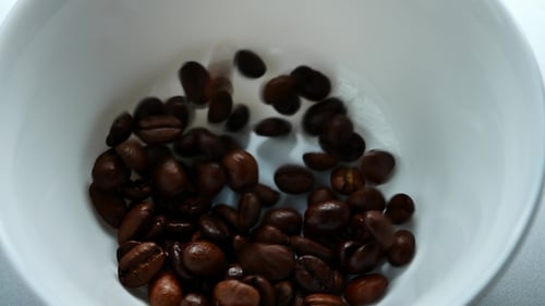 Coffee Beans Poured into White Bowl, Close Up