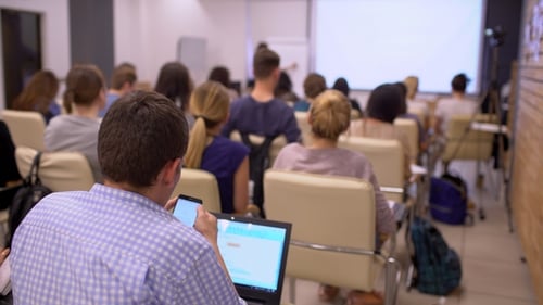 Business People Seminar Conference Meeting Office Training, Business. Man in Blue Shirt Using Laptop