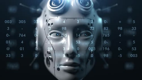 Futuristic AI Robot Head Displaying Digital Data Stream
