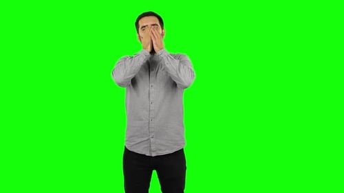 Brunette Guy Is Getting a Cold, Sore Throat and Head, Cough. Green Screen