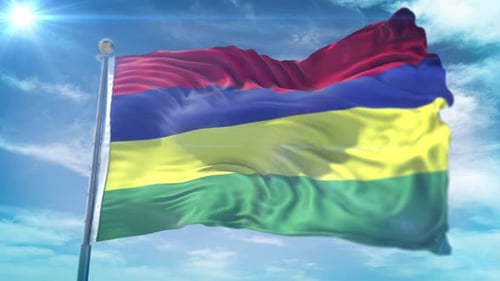 Realistic Mauritius Flag Waving in Blue Sky with Sunlight