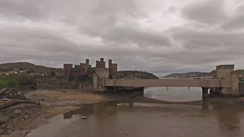 Aerial View of Historic Town of Conwy with It's Medieval Castle in Wales in United Kingdom