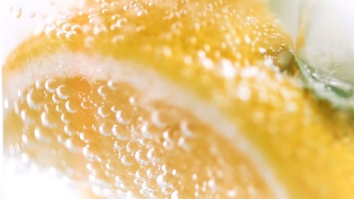 Lemon Slice in Sparkling Water Close Up