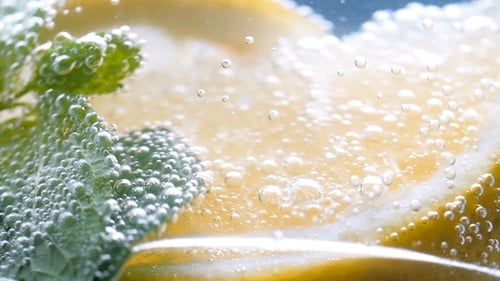 Close Up of Lemon Slice and Mint with Bubbles