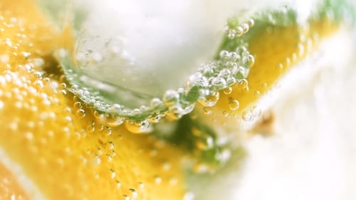 Video of Lemon Slice, Leaves of Mint and Ice Cubes Covered with Bubbles in Glass of Lemonade