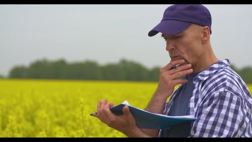 Agriculture Farmer Taking Notes at Rapeseed Field