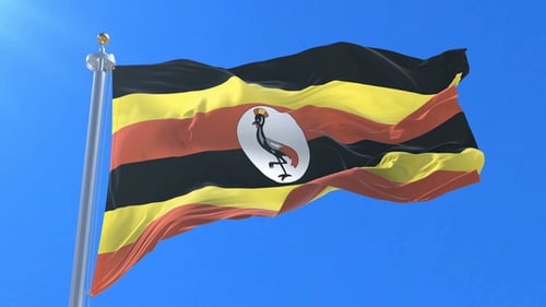 Realistic Waving Uganda National Flag Animation against Blue Sky