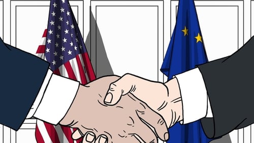Cartoon Handshake with USA and EU Flags