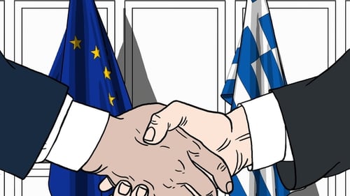 Animated EU and Greece Flags Handshake Agreement