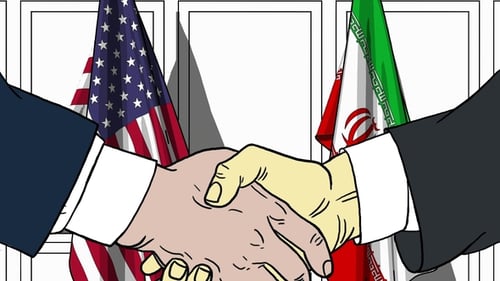 Cartoon Handshake With USA And Iran Flags