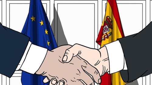 Cartoon Handshake with European Union and Spain Flags