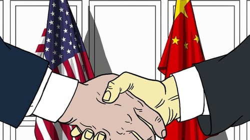 USA And China Flags Handshake Partnership Animation