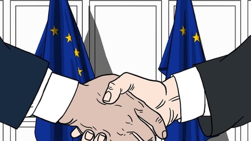 Animated Business Handshake with Blue and Yellow Star Flags