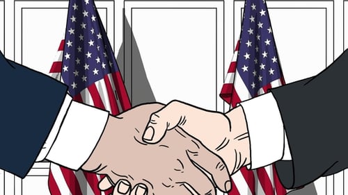 Diplomatic Handshake with American Flags Cartoon Animation