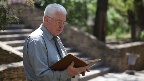 Old Codger Grandpa in Glasses Sits and Reads in a Street in Summer