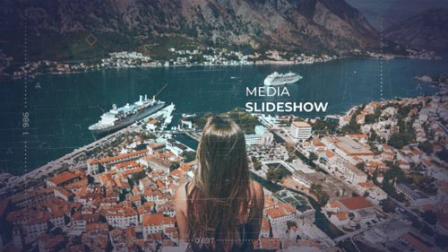 Media Slideshow — Filmmusik Parallax-Animation mit geometrischen Rahmenpartikeln, Rautenübergängen