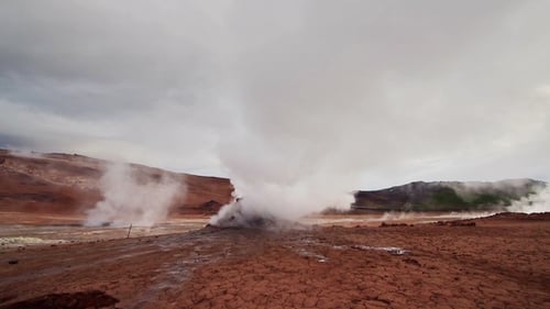 Eruption of Geyser in Iceland. Red Soil, Like the Surface of the Planet Mars