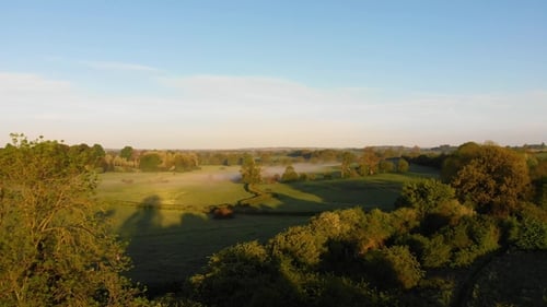 Misty Fields in Morning Birds Eye View