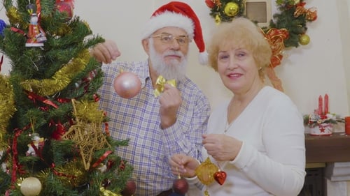 Elderly Couple Decorating a Christmas Tree at Home