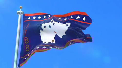 Waving State Flag with Map and Stars on Blue Sky
