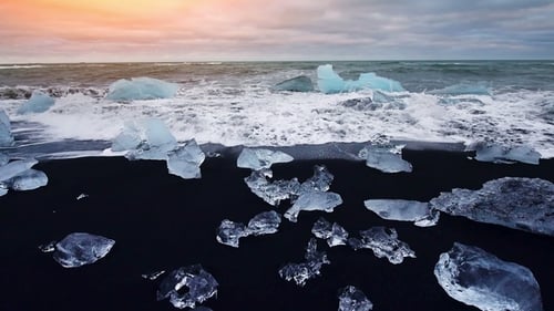 Jokulsarlon Glacier Lagoon, Fantastic Sunset on the Black Beach, Iceland